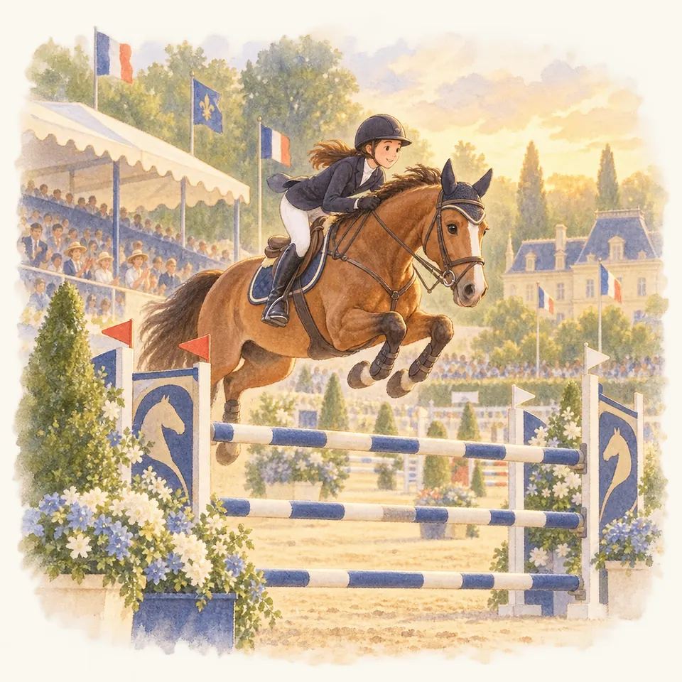 Une cavalière casquée et un cheval bai franchissent un obstacle à barres bleues et blanches devant les tribunes