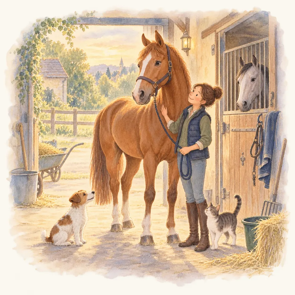 Une femme tient un cheval alezan en longe devant un box où un cheval gris passe la tête, avec un chien et un chat à ses pieds