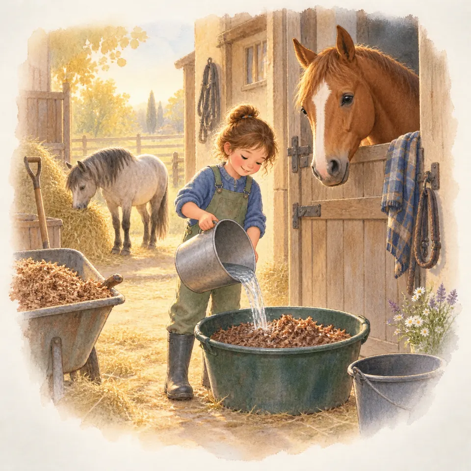 Une femme verse de l’eau sur de la pulpe de betterave dans une bassine, devant un cheval alezan au box