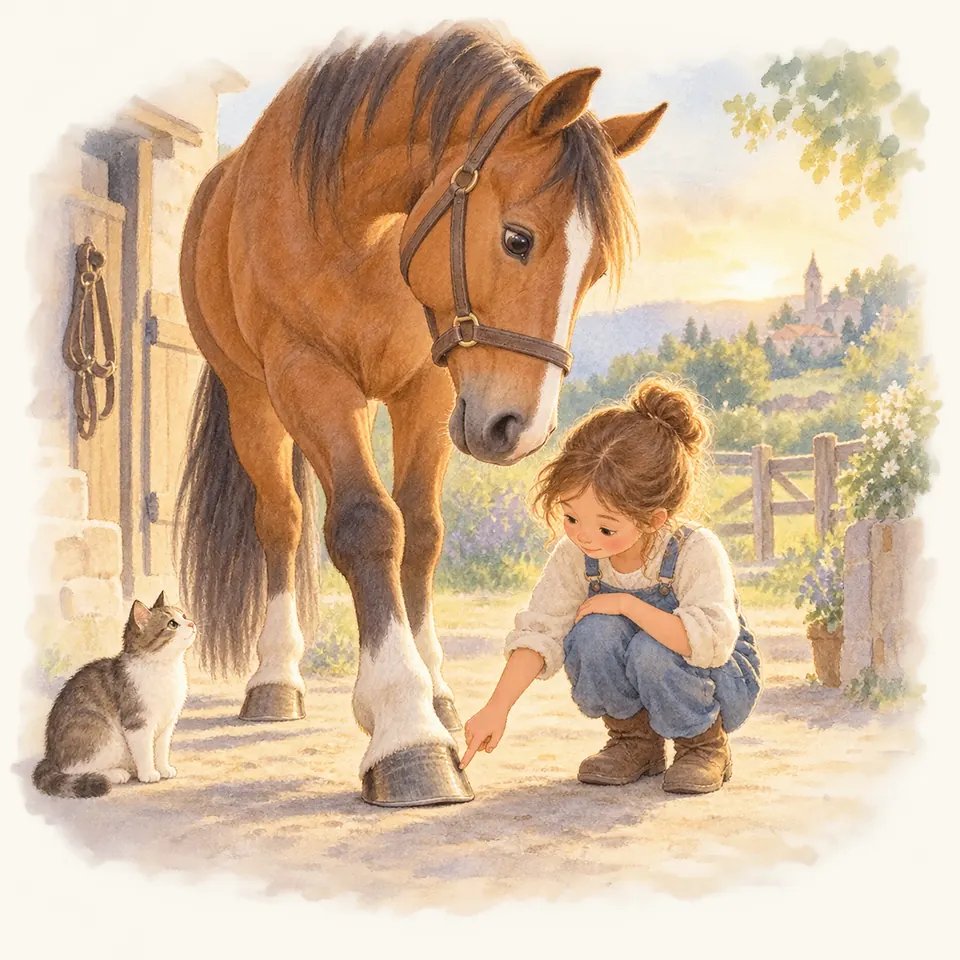 Une enfant accroupie pointe le quartier du sabot d’un cheval bai devant l’écurie, à côté d’un chat