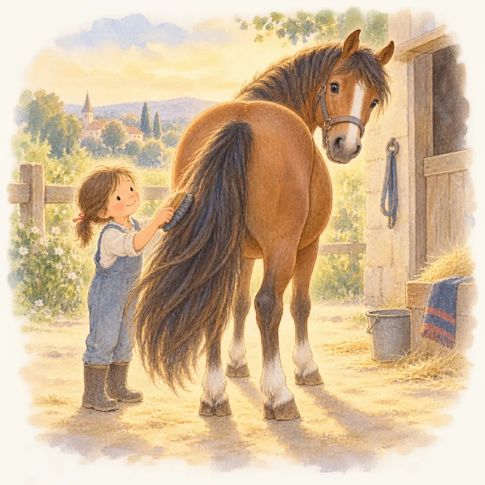 Une enfant brosse la longue queue noire d’un cheval bai au licol, devant la porte d’une écurie