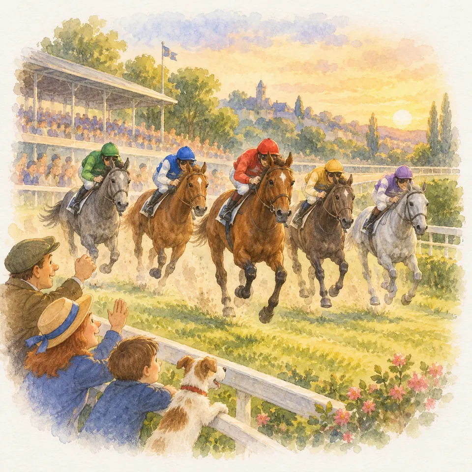 Cinq chevaux montés par des jockeys aux casaques colorées galopent sur un hippodrome devant les spectateurs