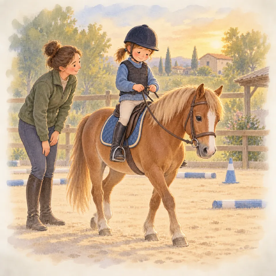 Une jeune cavalière ajuste ses rênes sur un poney alezan aux crins clairs, sous le regard d’une monitrice dans la carrière