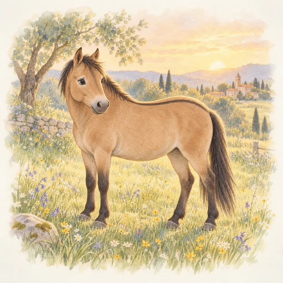 Un poney isabelle à la crinière noire porte une raie sombre le long du dos, dans un pré fleuri près d’un muret