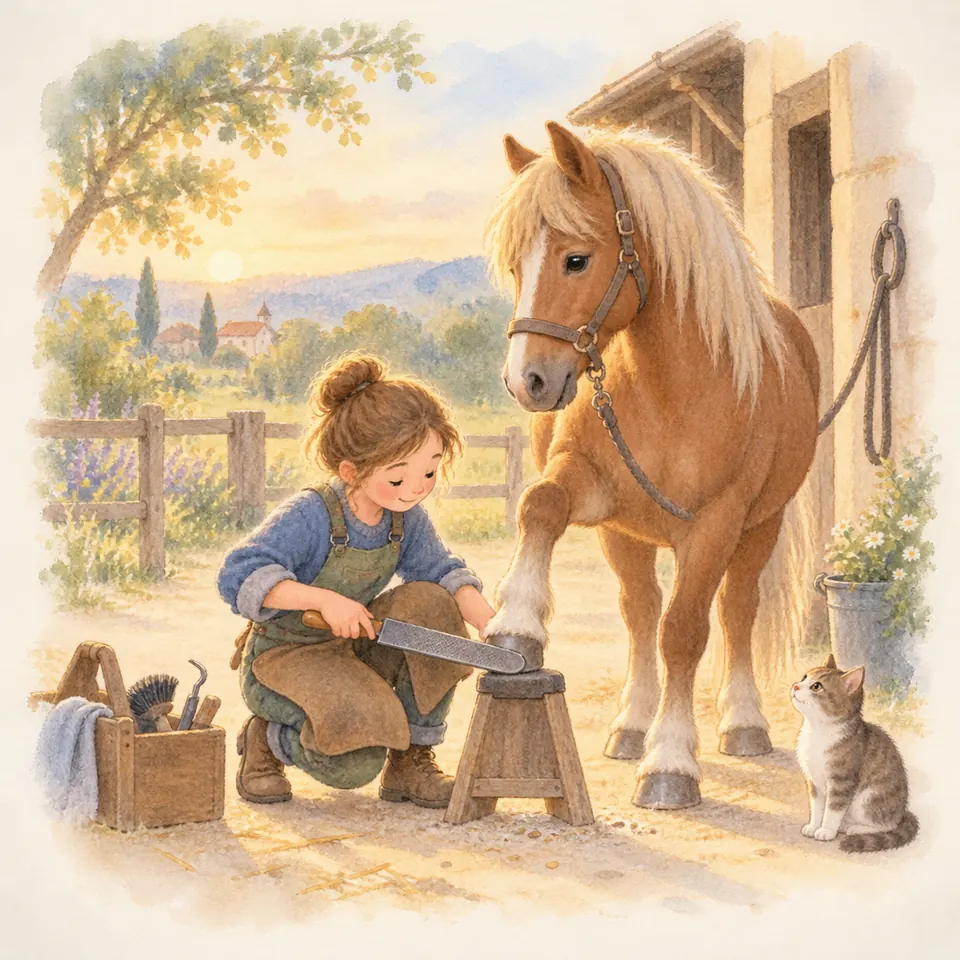 Une maréchale-ferrante passe une râpe sur le sabot d’un poney palomino, posé sur un support devant l’écurie