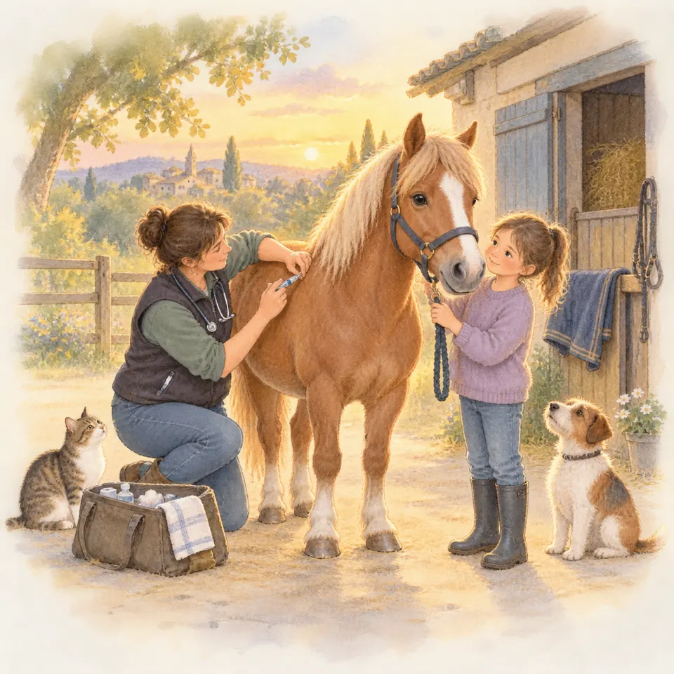 Une vétérinaire fait une injection à l’encolure d’un poney palomino tenu en longe par une enfant devant l’écurie