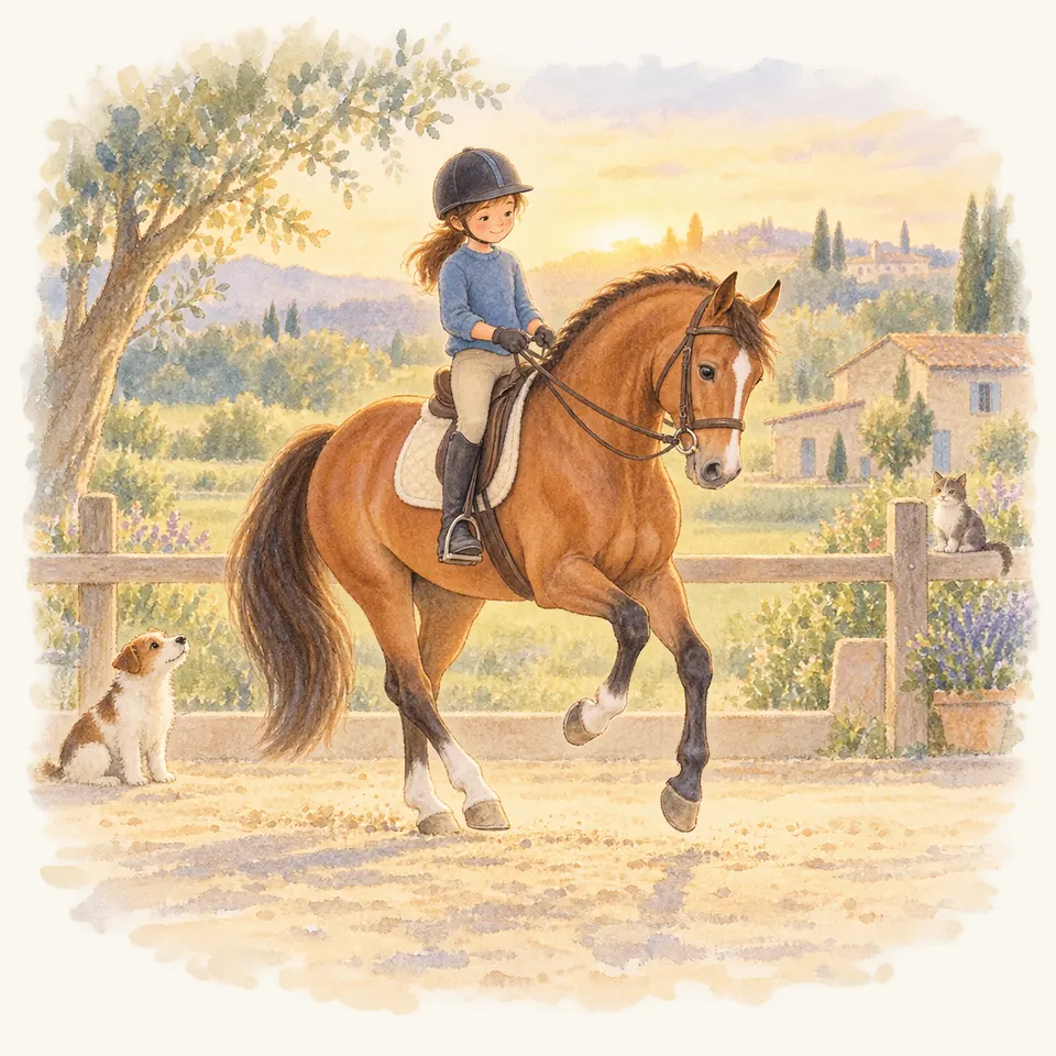 Une jeune cavalière monte un cheval bai à l’encolure fléchie et à l’antérieur relevé dans une carrière