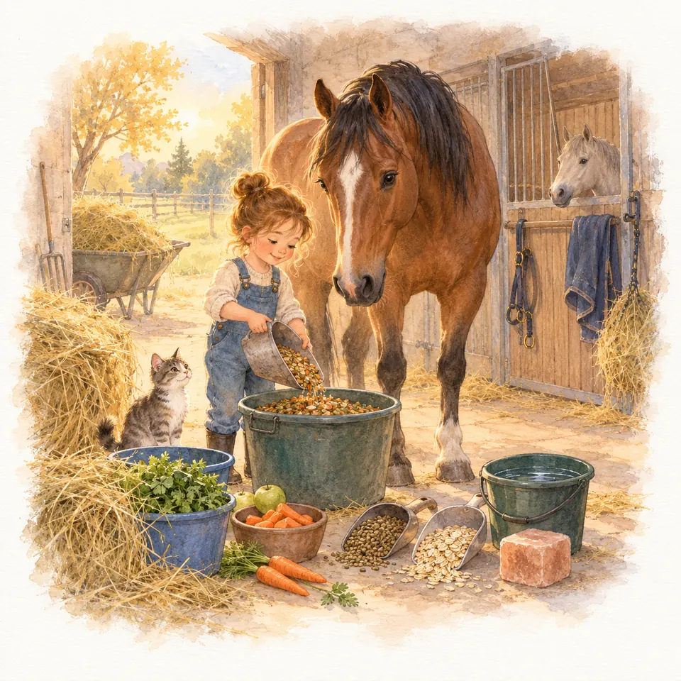 Une enfant verse des grains dans un seau devant un cheval bai, près du foin et des carottes dans l’écurie