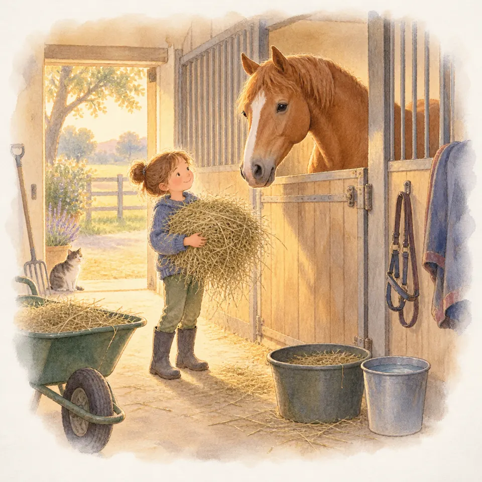 Une enfant apporte une brassée de foin à un cheval alezan dans son box, près d’une brouette et de deux seaux