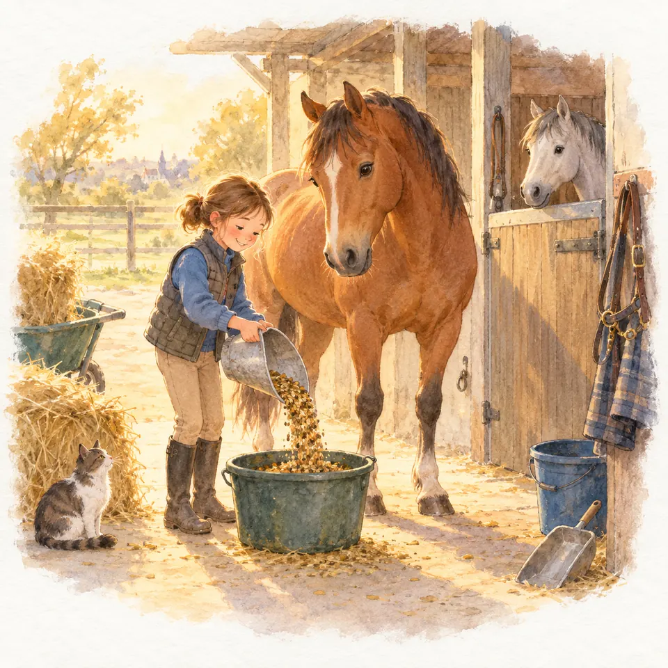 Une enfant verse des granulés dans un seau devant un cheval bai à l’écurie, tandis qu’un cheval gris regarde depuis son box