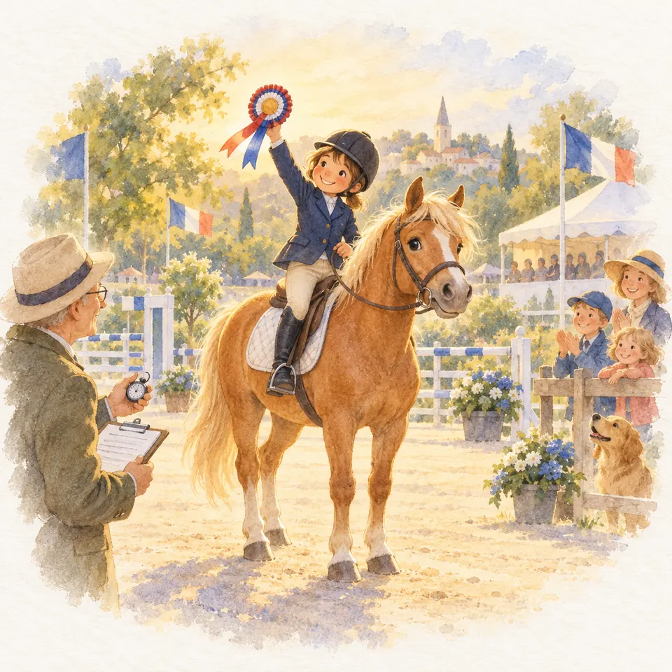 Une jeune cavalière sur un poney palomino lève une cocarde devant le public, tandis qu’un juge tient un chronomètre