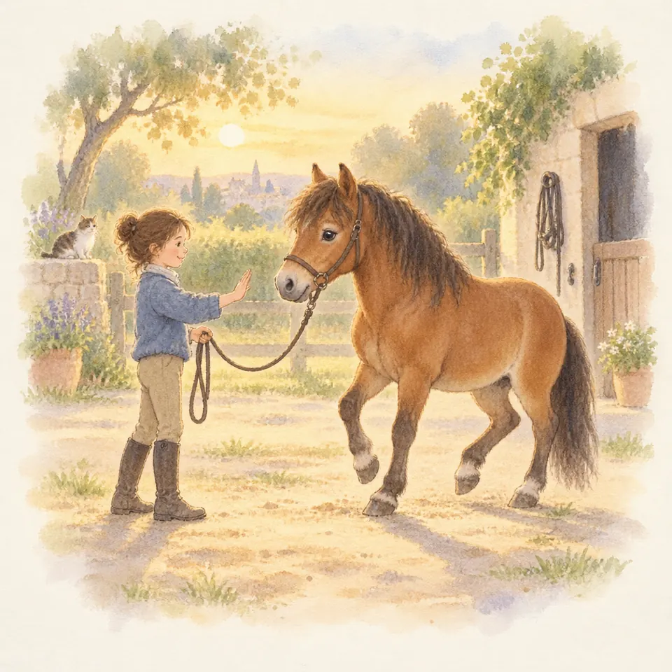 Une jeune fille tient un poney bai en longe et lève la main devant lui pour le faire reculer dans la cour de l’écurie