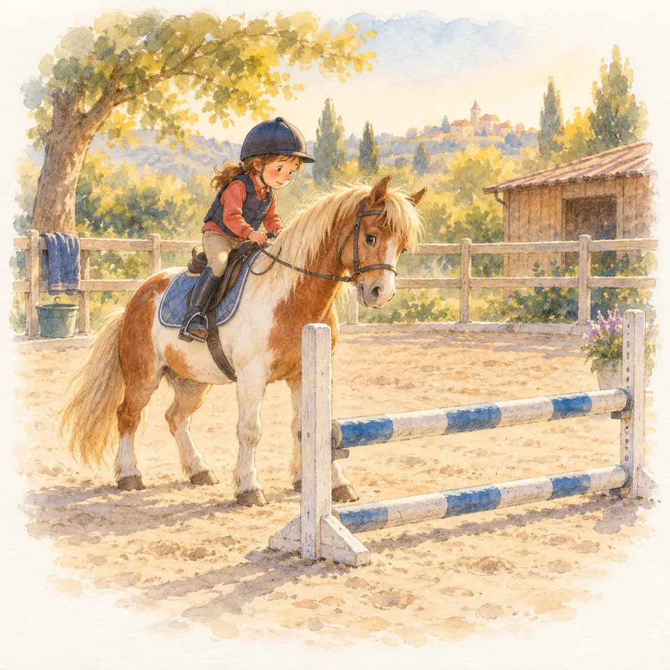 Un poney pie alezan monté par une enfant casquée reste arrêté devant un obstacle à barres bleues et blanches dans une carrière