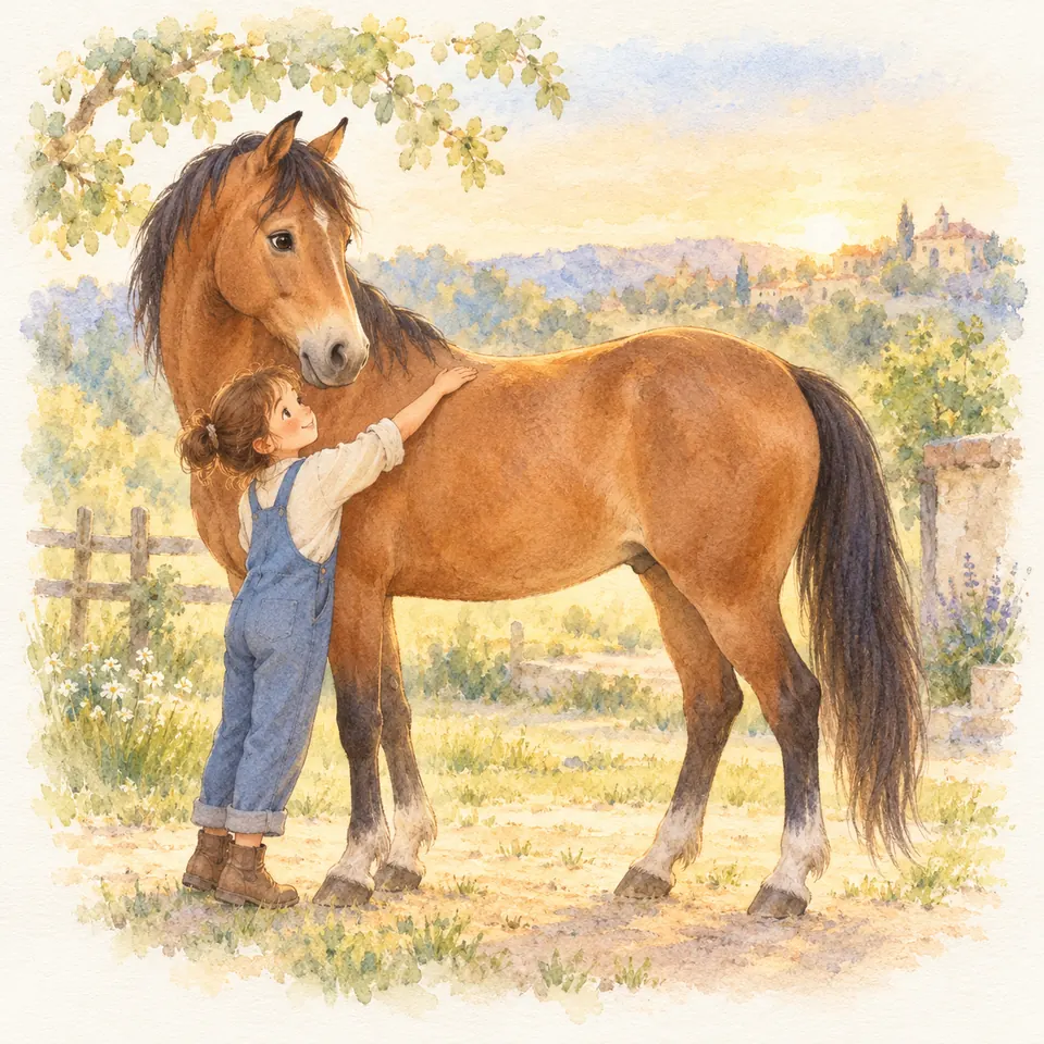 Une jeune fille en salopette pose la main sur le dos d’un cheval bai debout près d’une clôture, sous un arbre
