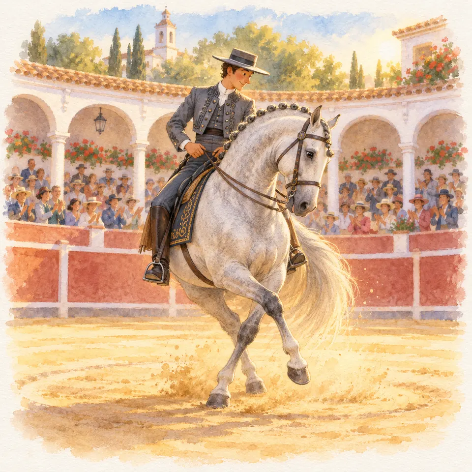 Un cavalier en tenue traditionnelle monte un cheval gris à la crinière tressée dans une arène entourée de spectateurs