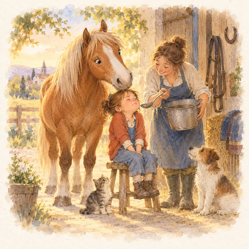 Une femme tient un seau et tend une cuillère à une enfant assise près d’un poney alezan, avec un chien et un chat à leurs pieds