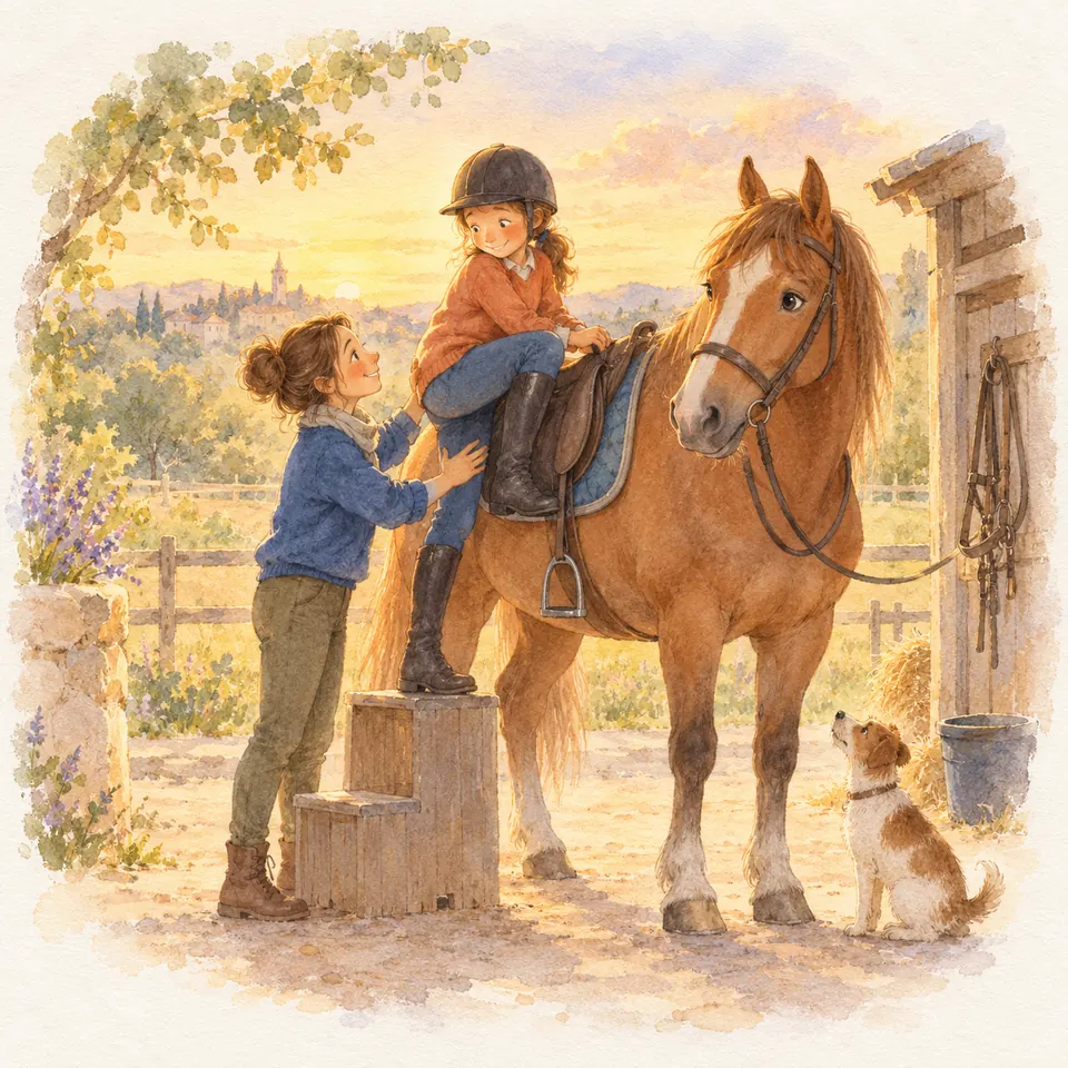 Une monitrice aide une enfant à se mettre en selle sur un poney alezan, près d’un montoir devant l’écurie