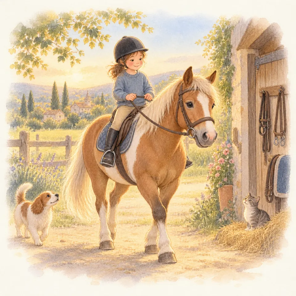 Une enfant casquée tient les rênes d’un poney palomino à l’arrêt devant l’écurie, près d’un chien et d’un chat