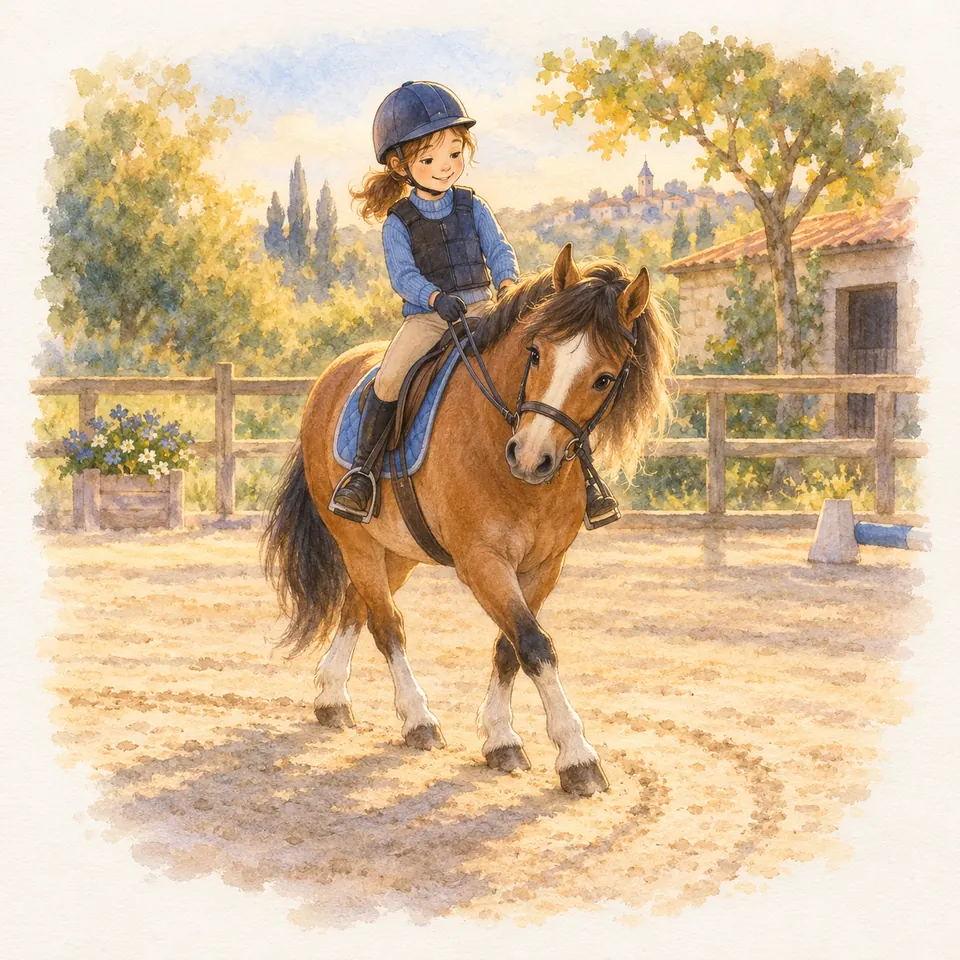Une enfant montée sur un poney bai tient une rêne contre son encolure pendant un tournant dans la carrière