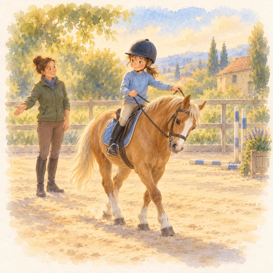 Une enfant écarte une main pour guider son poney palomino dans la carrière, sous le regard d’une monitrice