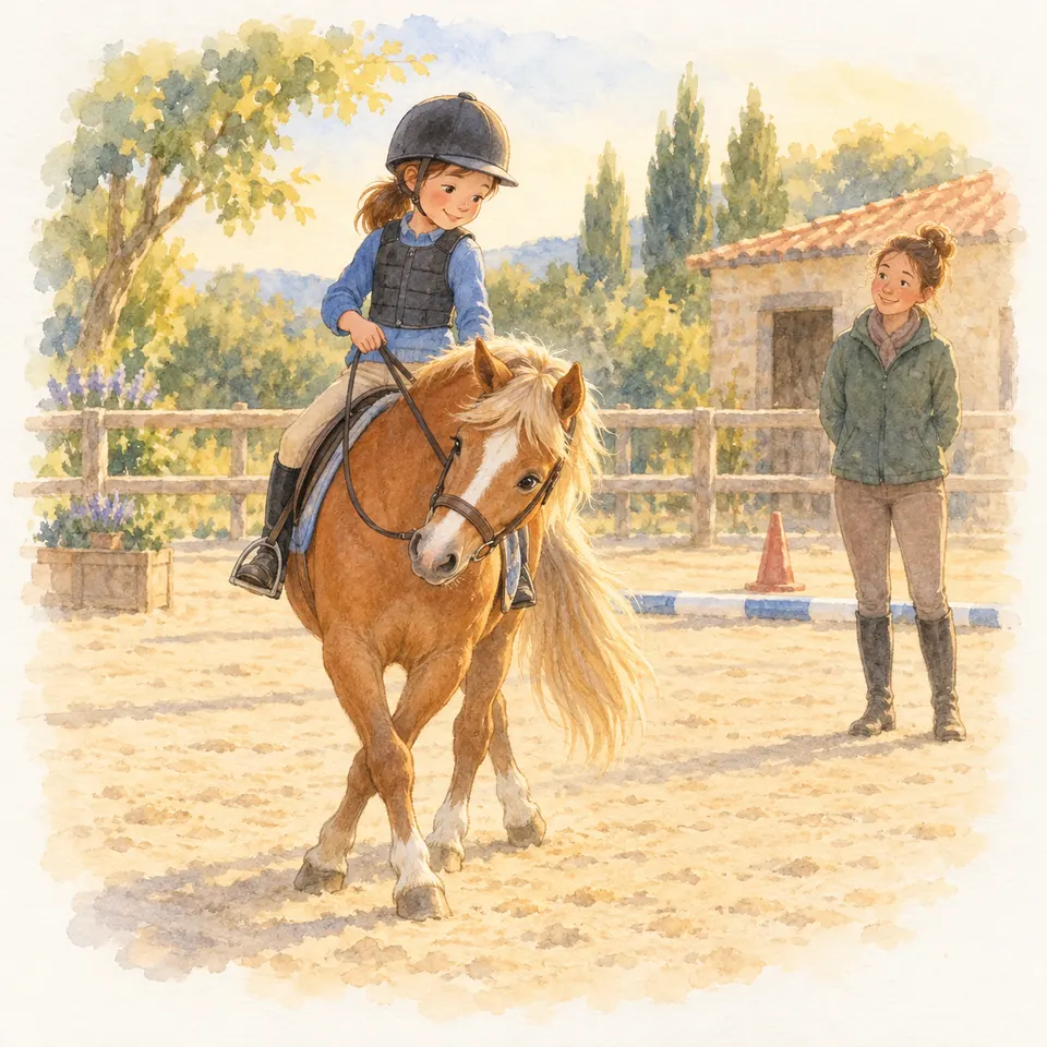 Une jeune cavalière ajuste ses rênes sur un poney palomino qui tourne dans la carrière, devant une monitrice