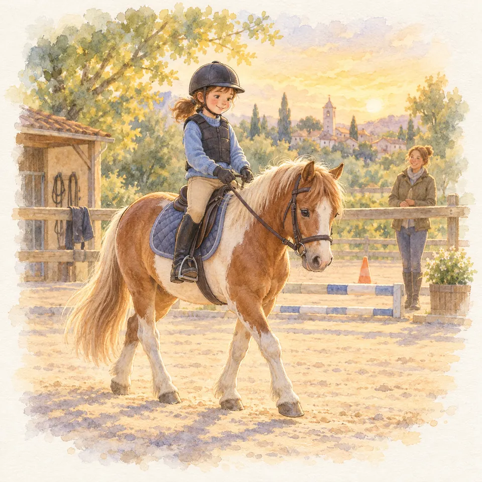 Une enfant monte un poney palomino au pas, les rênes courtes entre ses mains, devant une monitrice près de la lice
