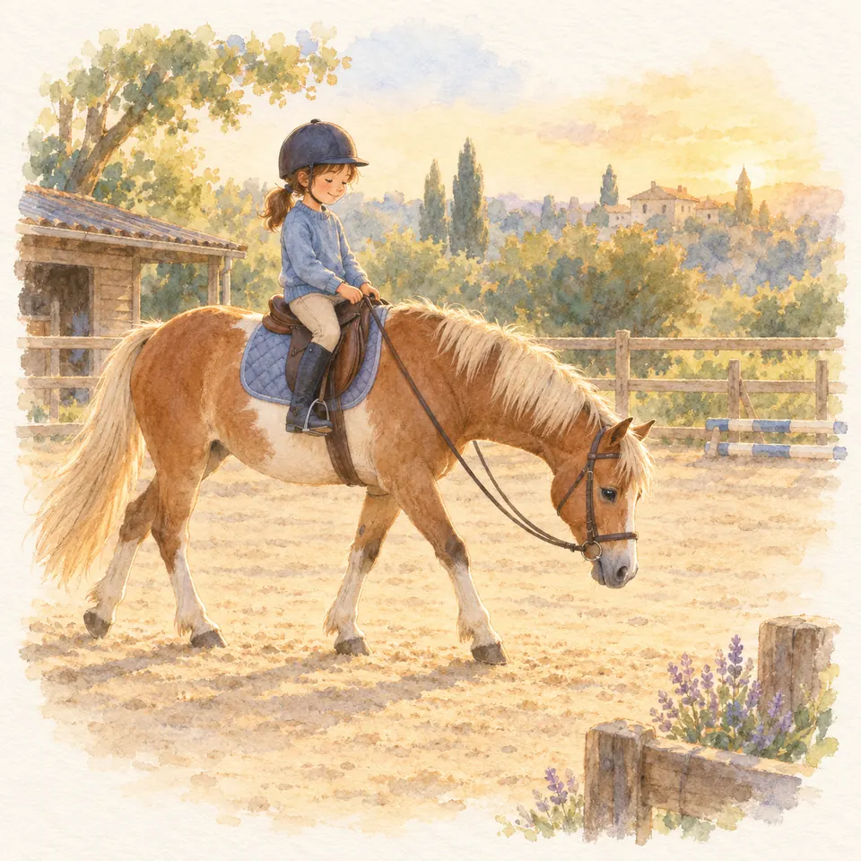 Une enfant monte un poney pie alezan au pas, les rênes longues et l’encolure abaissée, dans une carrière clôturée
