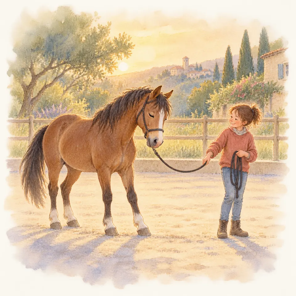 Une enfant tient une longe détendue face à un poney bai en licol, à l’arrêt dans une carrière clôturée