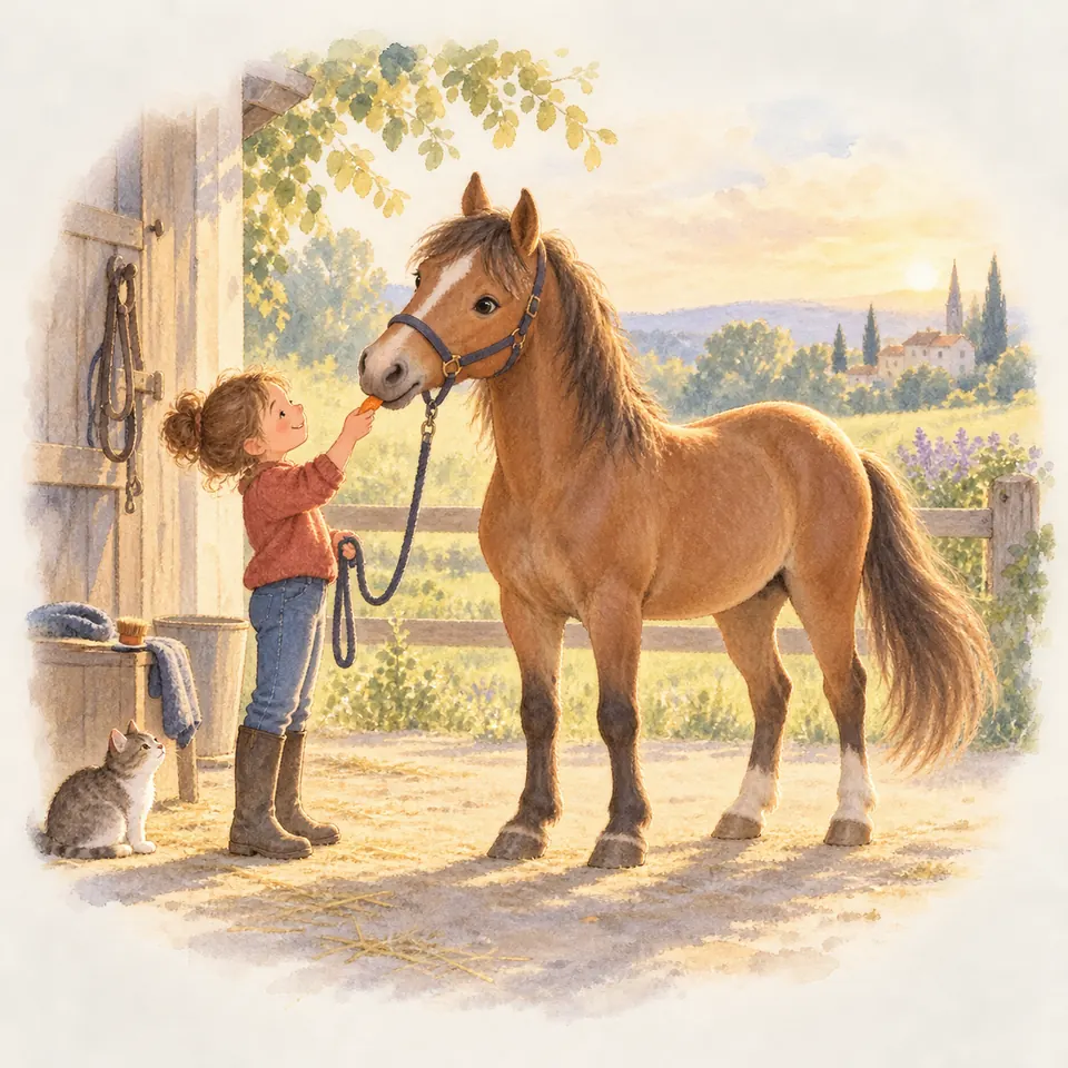 Une enfant tend la main sous le nez d’un poney bai en licol devant une écurie, en tenant une longe détendue