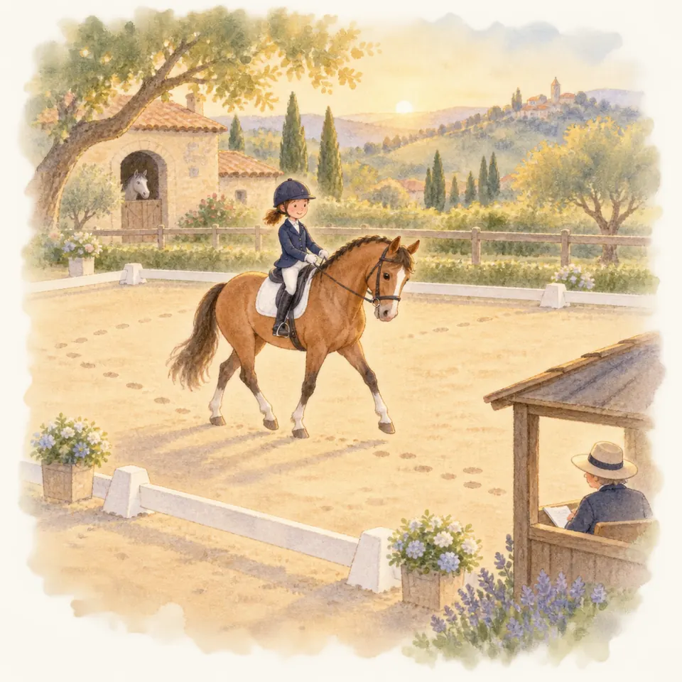 Une cavalière monte un poney bai dans un rectangle de dressage, sous le regard d’un juge installé dans une cabine
