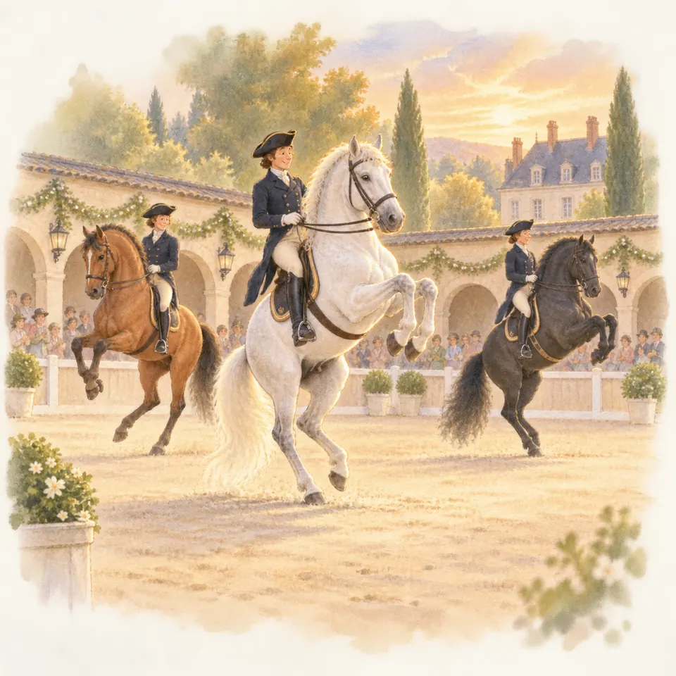 Trois cavaliers en tenue exécutent des airs relevés sur des chevaux bai, gris et noir devant le public d’une cour