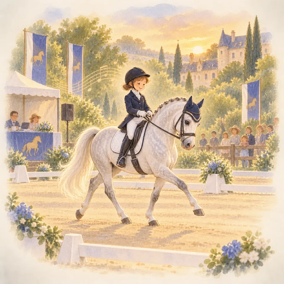 Une cavalière monte un cheval gris en dressage devant le public, avec des notes de musique près d’un haut-parleur