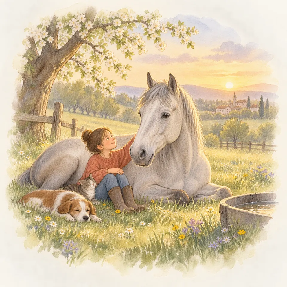 Une enfant caresse un cheval gris couché dans un pré fleuri, près d’un chien allongé et d’un abreuvoir