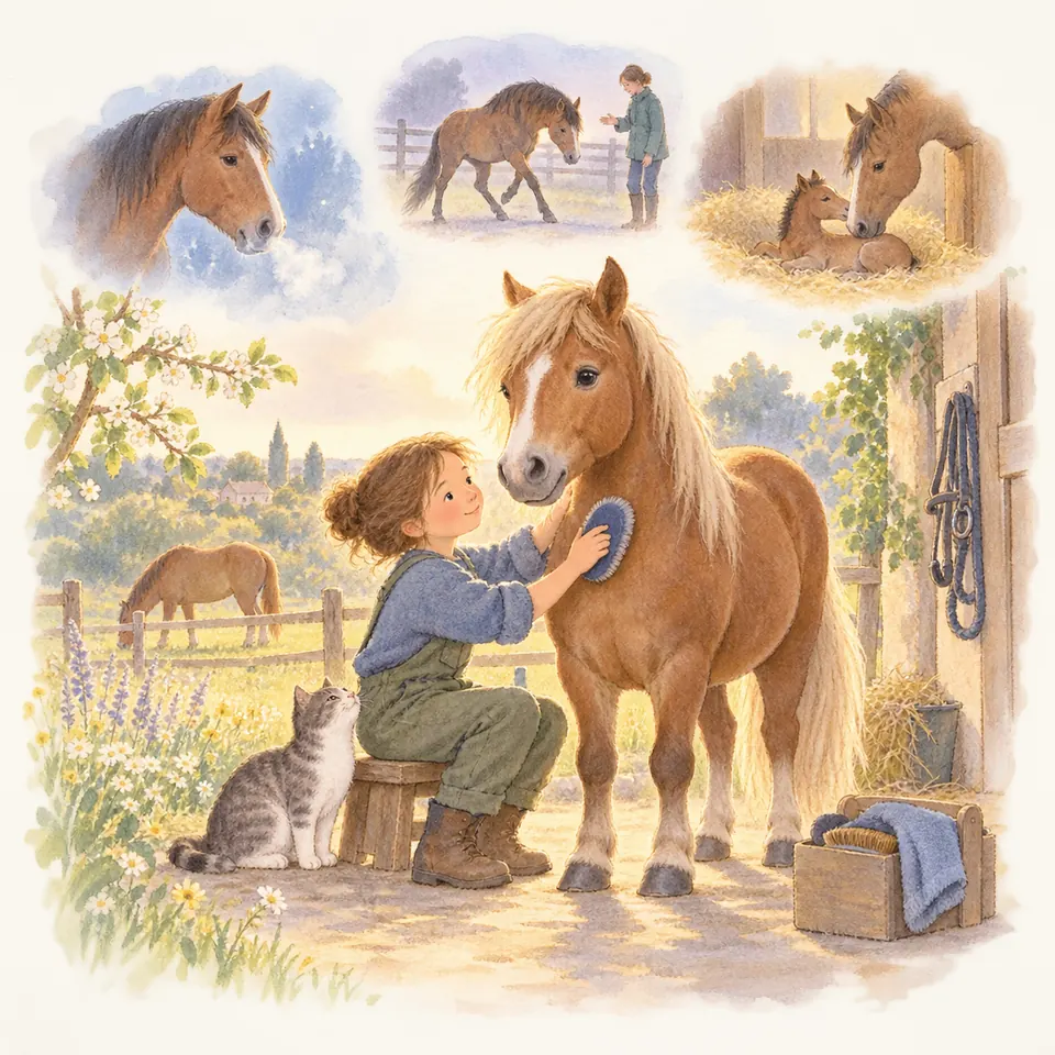 Une enfant assise sur un tabouret brosse l’encolure d’un poney alezan devant l’écurie, près d’un chat