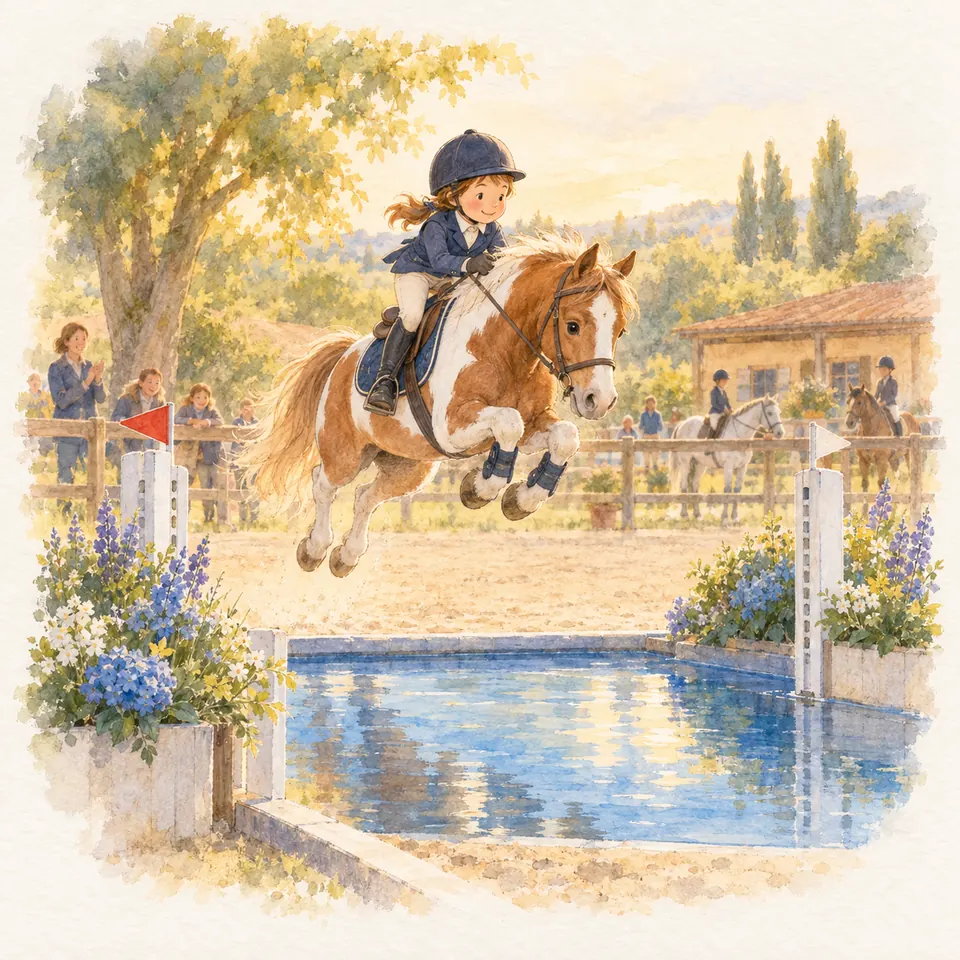 Une jeune cavalière casquée monte un poney pie alezan qui saute une rivière entre deux fanions dans une carrière