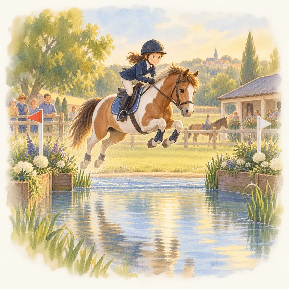 Une jeune cavalière casquée et son poney pie alezan franchissent une rivière ouverte bordée de plantes et de fanions