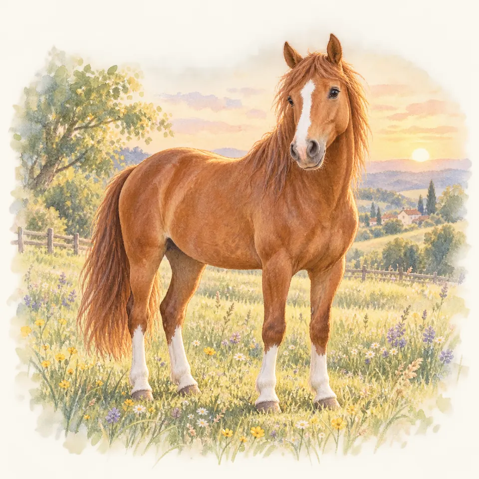 Un cheval alezan à longue crinière, avec une liste blanche et quatre balzanes, se tient dans un pré fleuri