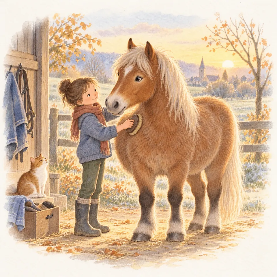 Une enfant brosse l’encolure d’un poney alezan au poil d’hiver épais devant une écurie, près d’une caisse de pansage