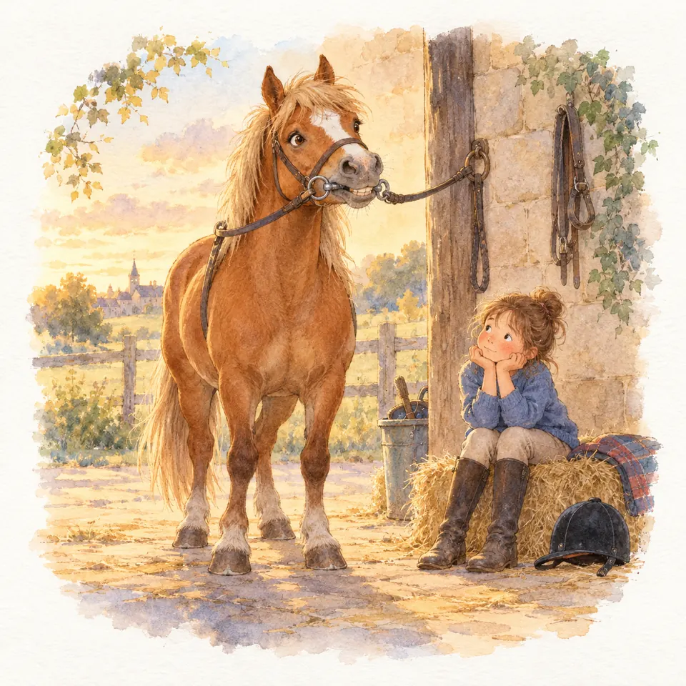 Un cheval alezan porte un mors et reste attaché près d’un enfant assis sur une botte de paille, à l’entrée d’une écurie