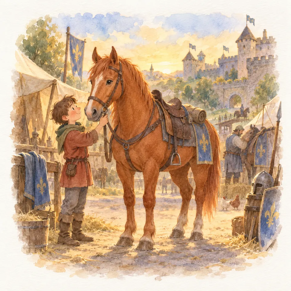 Un enfant caresse le museau d’un cheval alezan sellé, dans un campement médiéval au pied d’un château