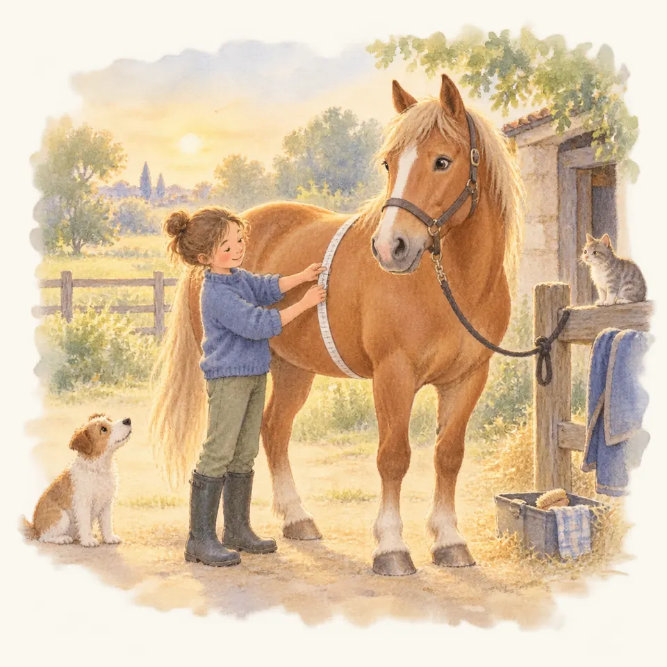 Une jeune fille passe un ruban barymétrique autour du thorax d’un cheval palomino attaché près d’une écurie