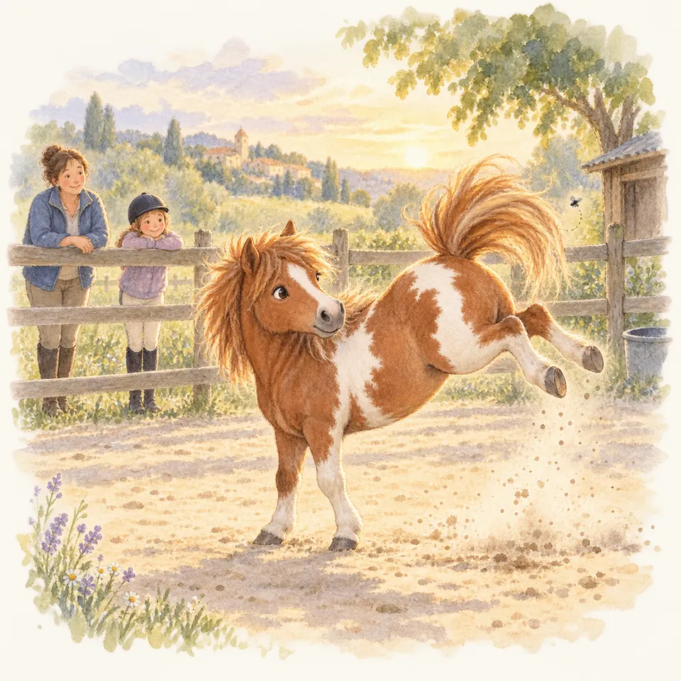 Un poney pie alezan rue dans un enclos tandis qu’une femme et une enfant casquée l’observent derrière la clôture