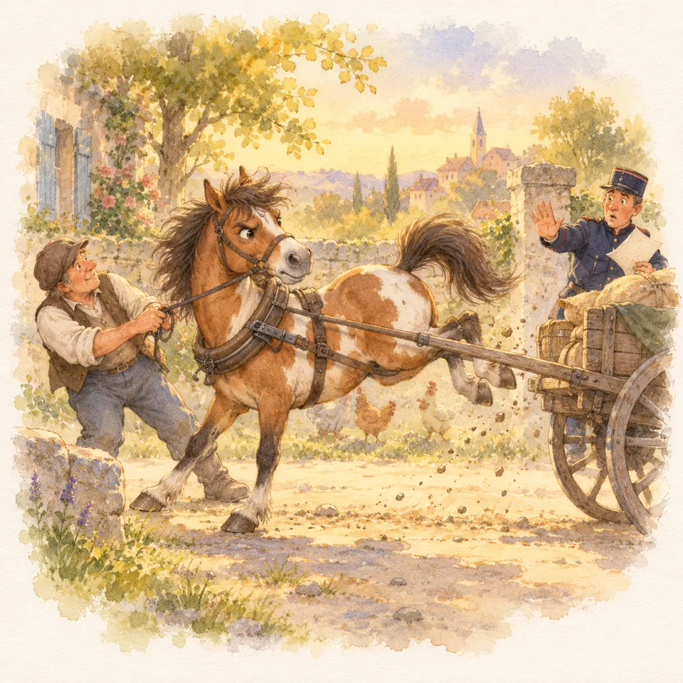 Un poney pie alezan attelé à une charrette rue entre les brancards tandis qu’un homme tente de le retenir