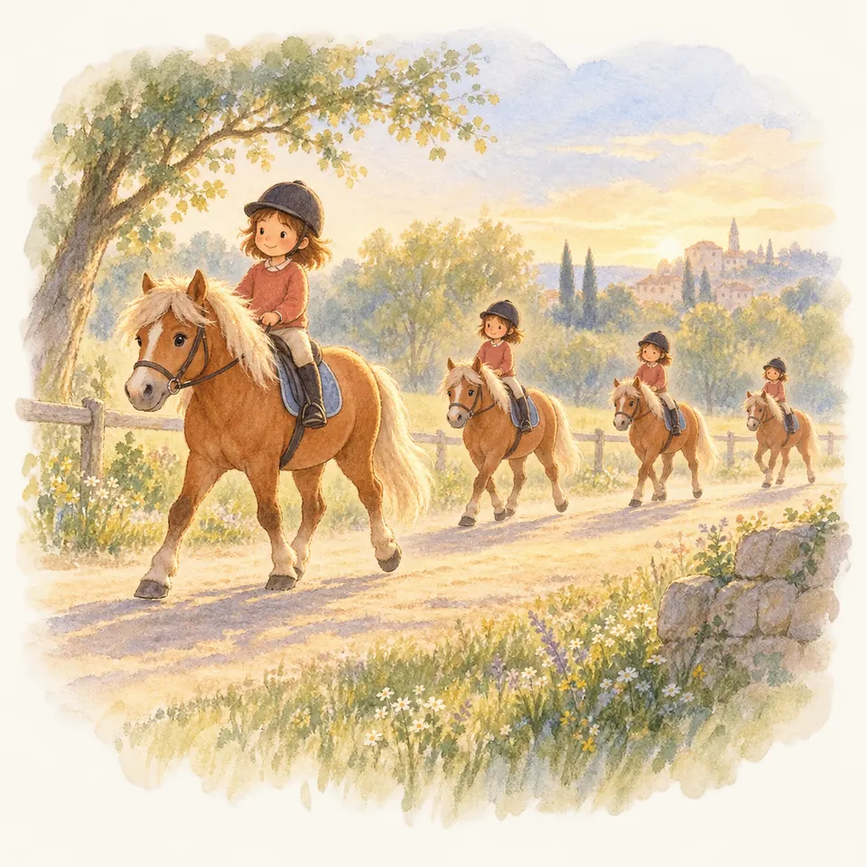 Quatre enfants casqués montent des poneys palominos en file sur un chemin bordé d’une clôture et d’arbres