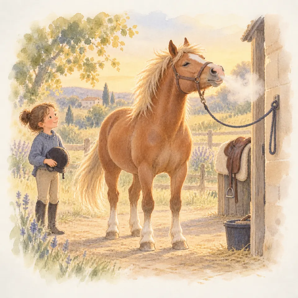 Un cheval palomino attaché devant une écurie s’ébroue près d’une enfant qui tient sa bombe contre elle