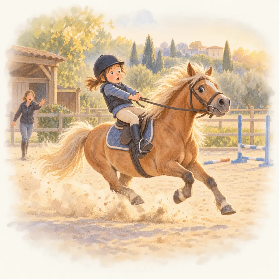 Un poney palomino s’élance au galop dans une carrière tandis qu’une enfant tire sur les rênes et qu’une monitrice lève la main