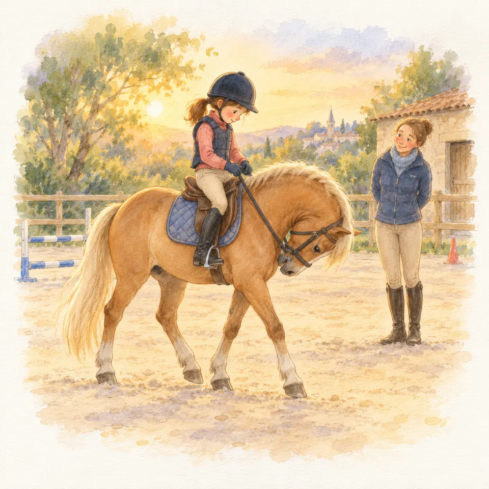 Un poney palomino monté par une enfant ramène son chanfrein derrière la verticale, près d’une monitrice dans la carrière