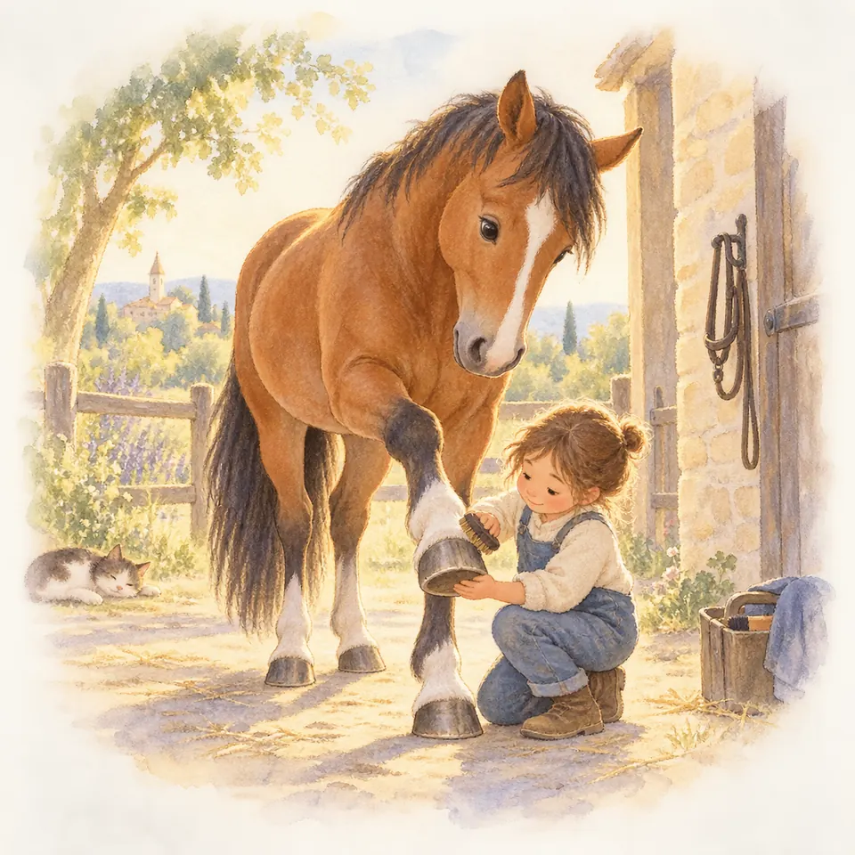 Une enfant accroupie tient le sabot d’un antérieur levé d’un cheval bai et le brosse devant une écurie
