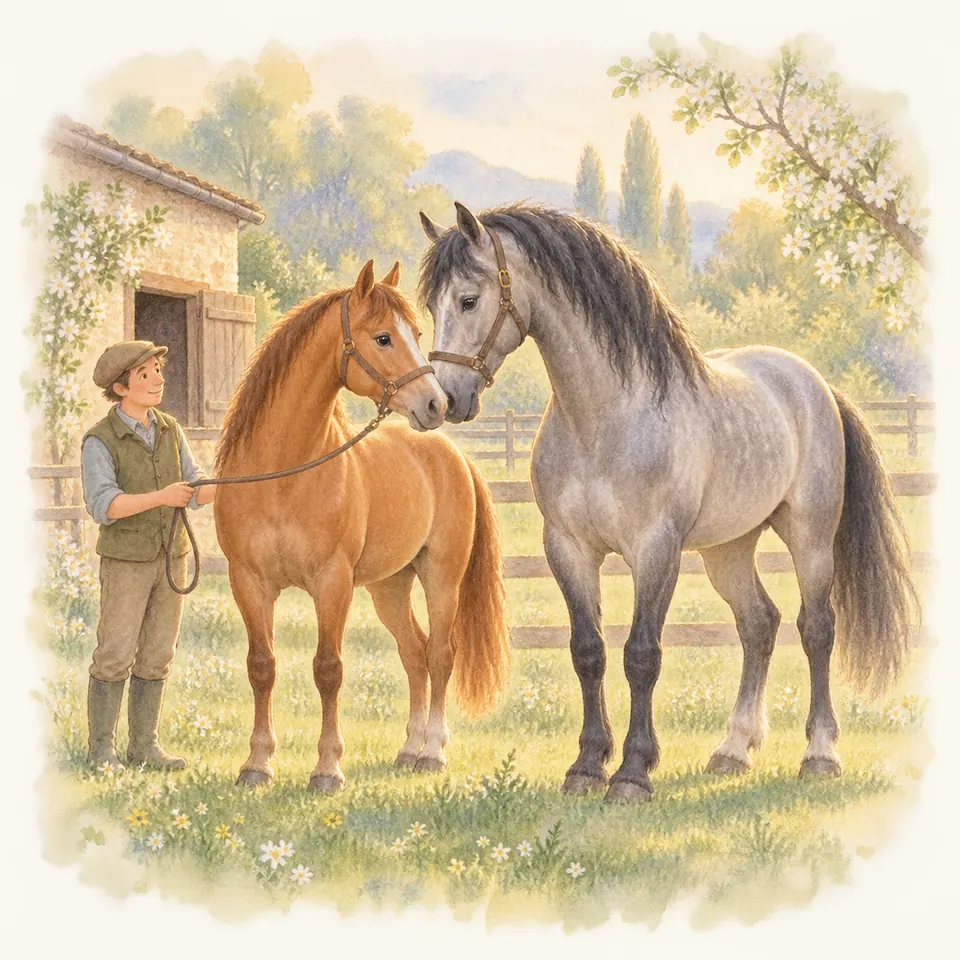 Un cheval gris et un cheval alezan se touchent le bout du nez, près d’une personne tenant une longe dans un pré