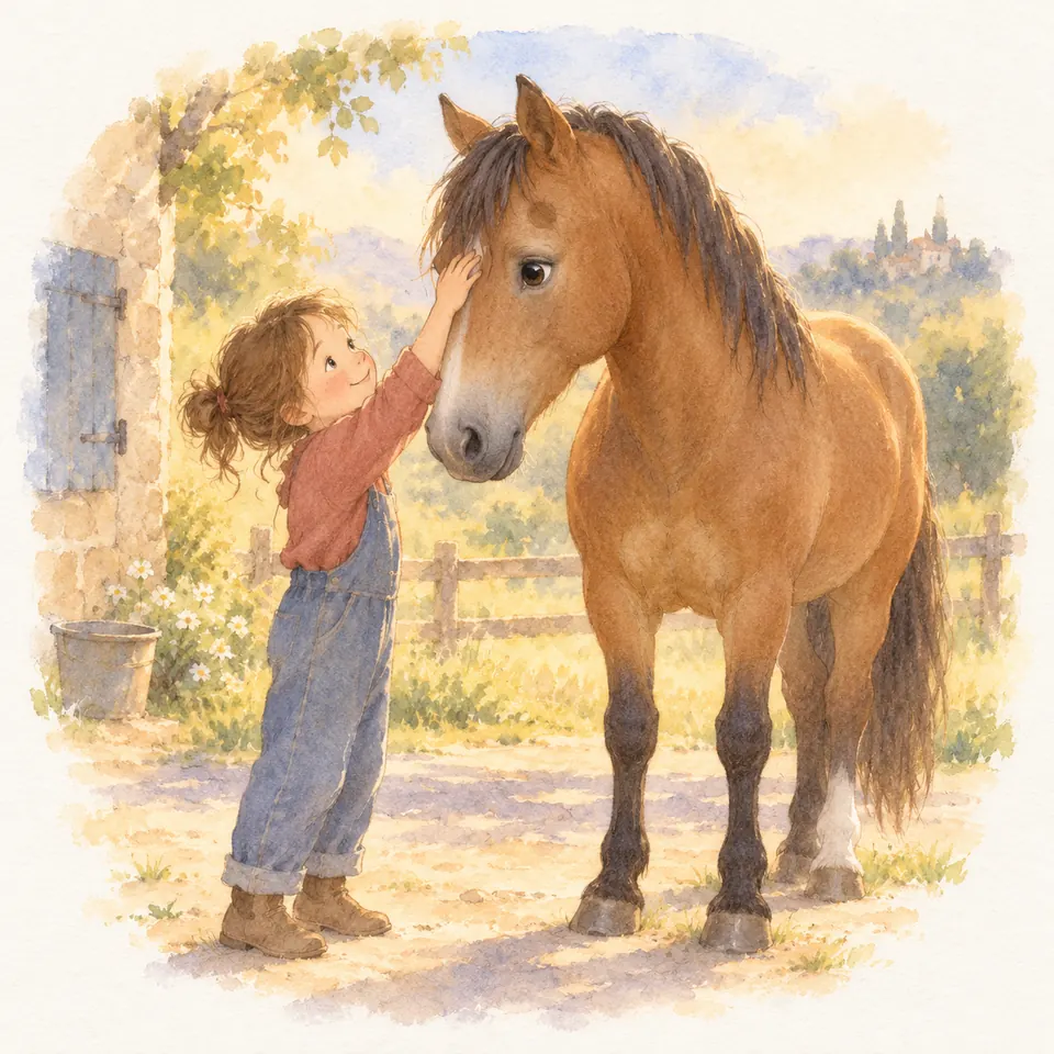 Une enfant pose la main sur le front d’un cheval bai, près du creux au-dessus de son œil, dans une cour clôturée